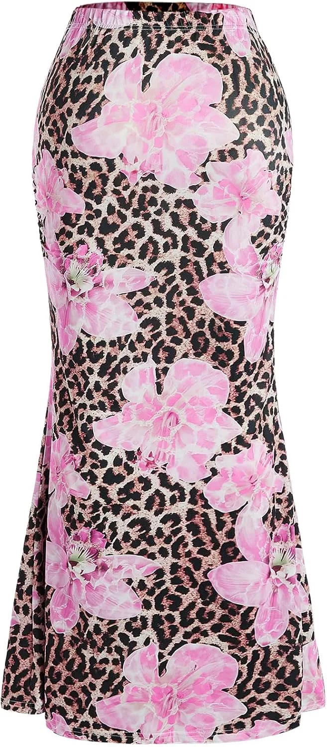 Verdusa Women's Leopard Floral Bodycon Maxi Skirts Y2K High Rise Fishtail Skirt
