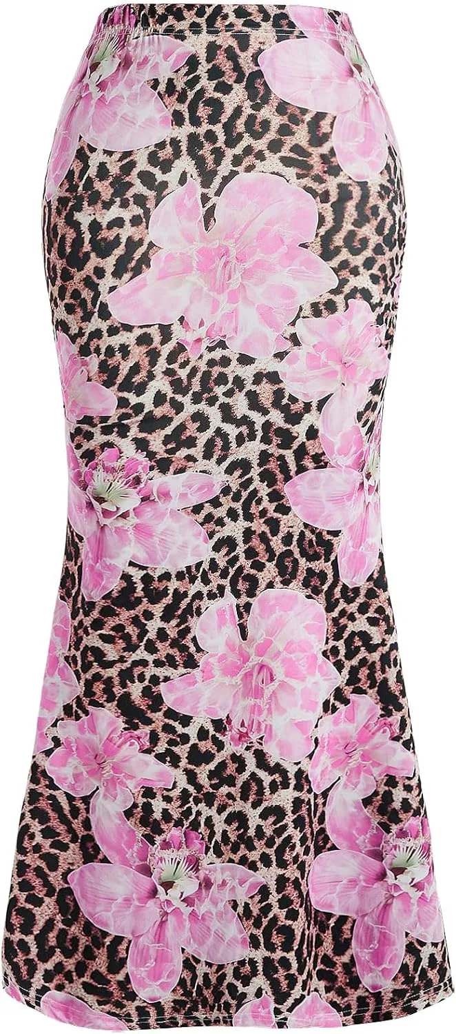 Verdusa Women's Leopard Floral Bodycon Maxi Skirts Y2K High Rise Fishtail Skirt