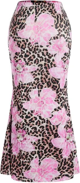 Verdusa Women's Leopard Floral Bodycon Maxi Skirts Y2K High Rise Fishtail Skirt