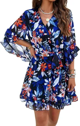 Women Casual Loose Vintage Bohemian Floral V-Neck Half Sleeve Summer Beach Swing Dress