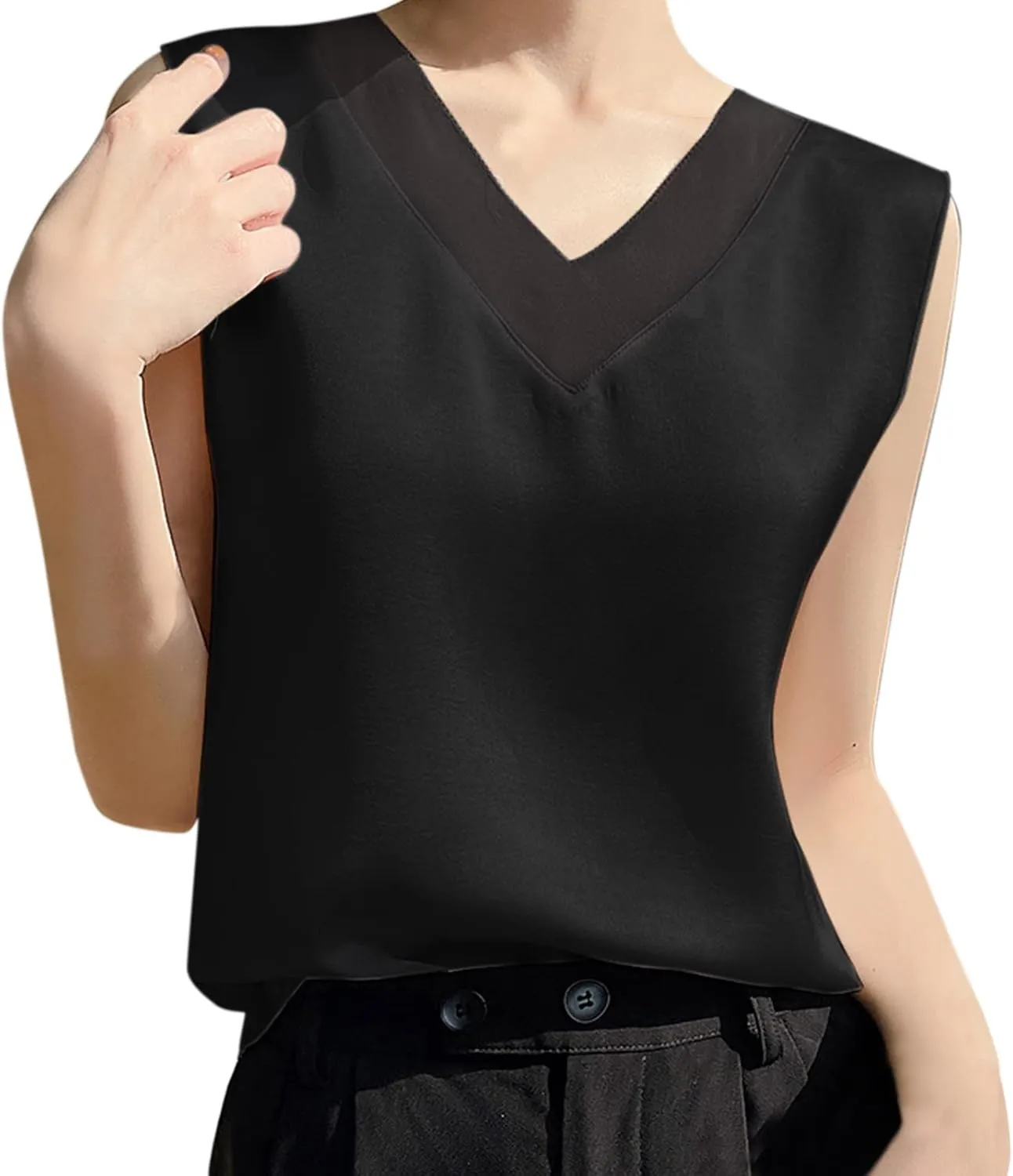 Women Tank Tops Basic Cami Tops Shirt Racerback Blouses Women's Camisole Glossy Satin Sleeveless V Neck Lace Toggle