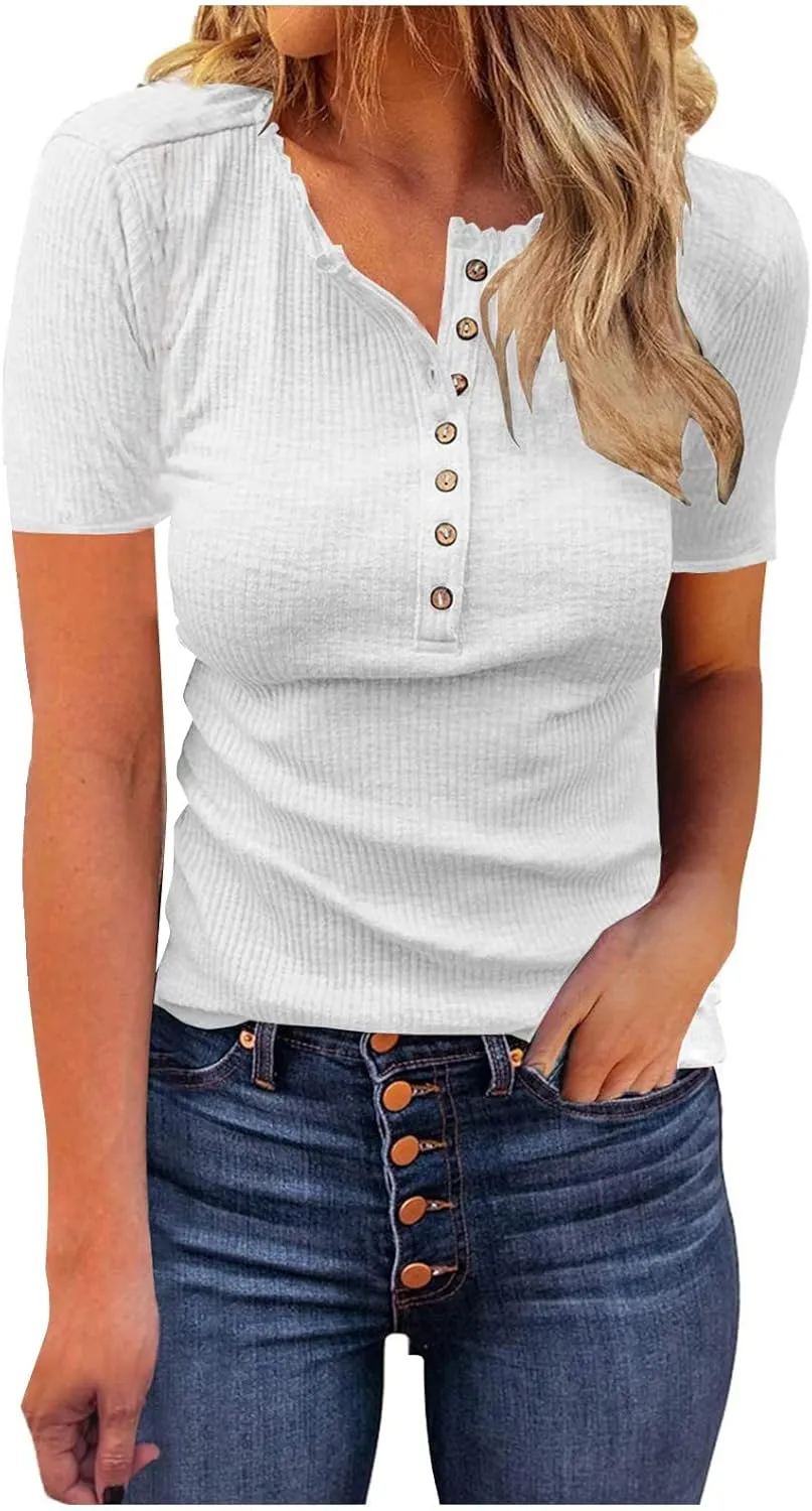 Women's Blouse Casual Buttons Short Sleeve Round Neck Fashion Summer Solid Color Lace Womens Mock Neck Tops Long