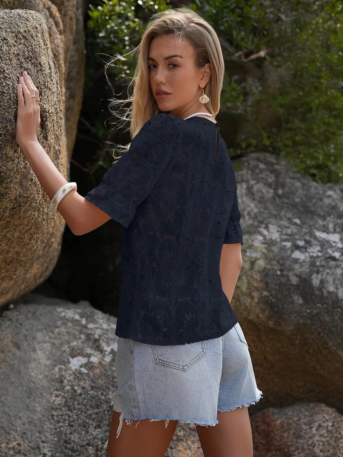 Women's Eyelet Tops Puff Short Sleeve Blouses Dressy Casual Cute Hollow Out Crochet Lace Embroidered Summer Shirts