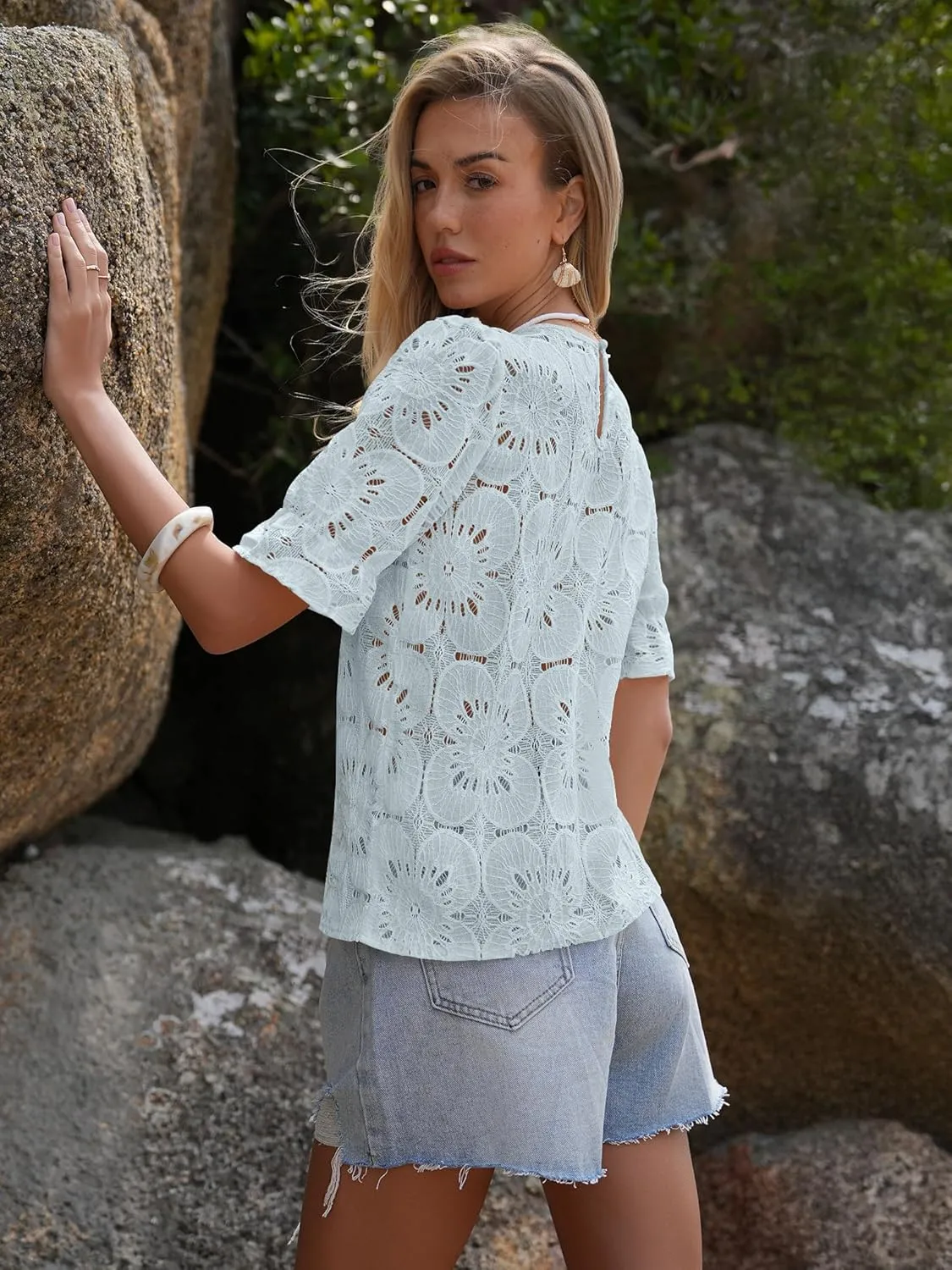 Women's Eyelet Tops Puff Short Sleeve Blouses Dressy Casual Cute Hollow Out Crochet Lace Embroidered Summer Shirts