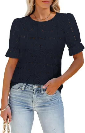 Women's Eyelet Tops Puff Short Sleeve Blouses Dressy Casual Cute Hollow Out Crochet Lace Embroidered Summer Shirts