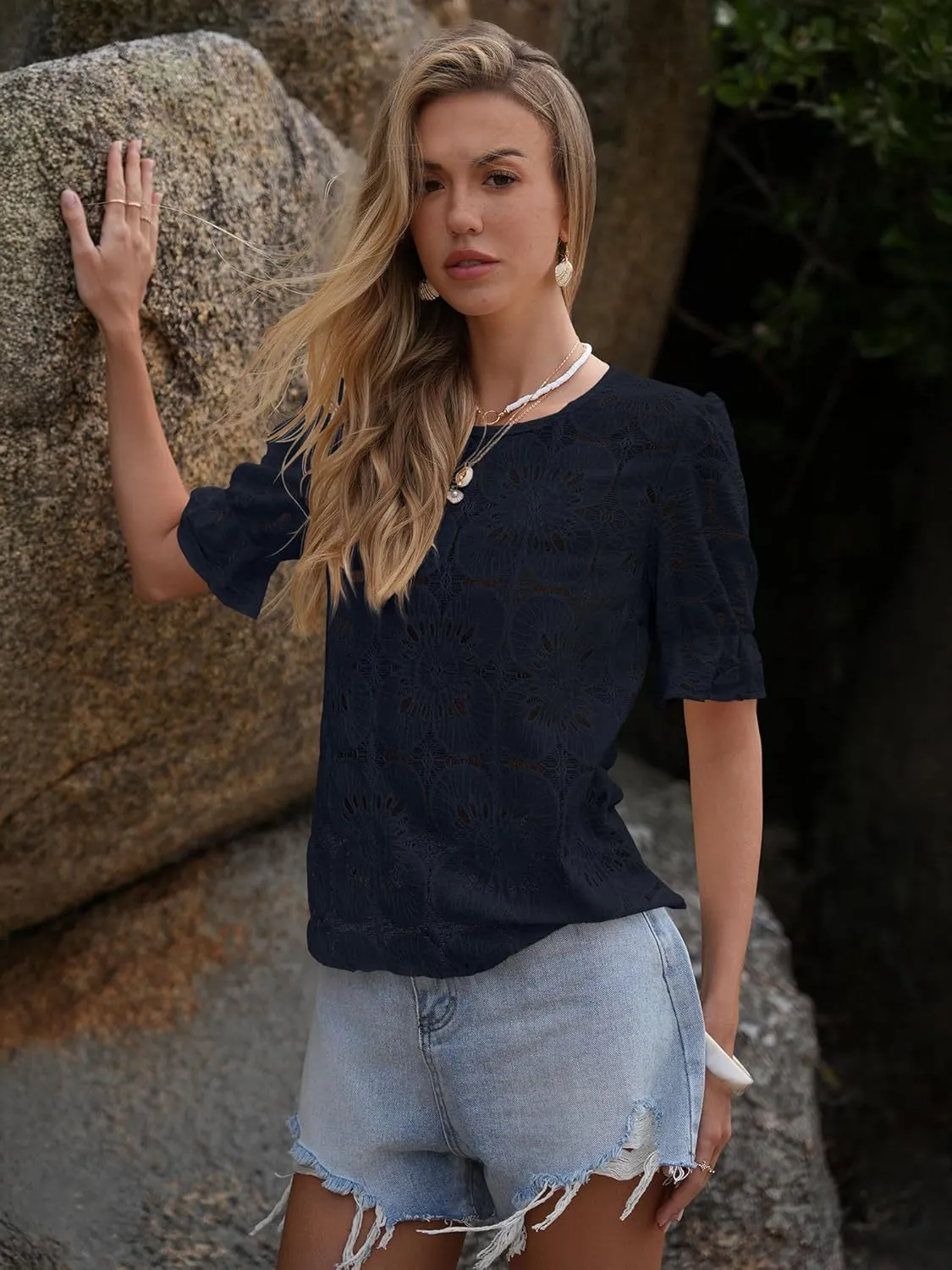 Women's Eyelet Tops Puff Short Sleeve Blouses Dressy Casual Cute Hollow Out Crochet Lace Embroidered Summer Shirts