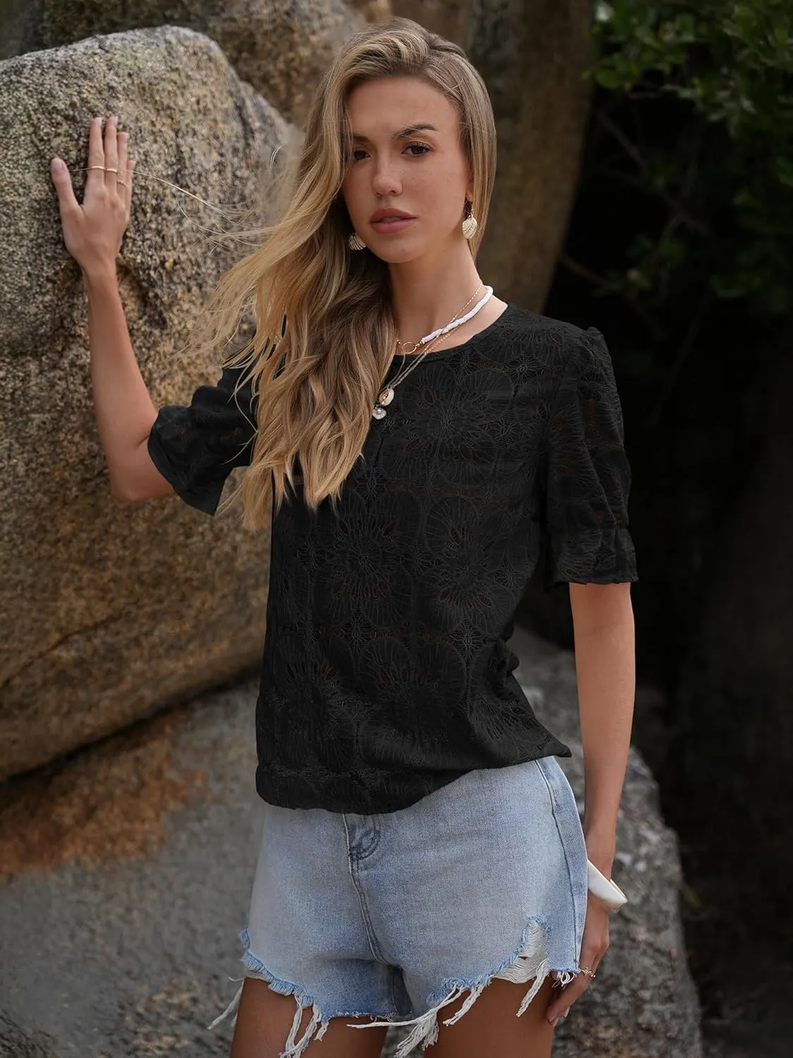 Women's Eyelet Tops Puff Short Sleeve Blouses Dressy Casual Cute Hollow Out Crochet Lace Embroidered Summer Shirts