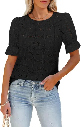 Women's Eyelet Tops Puff Short Sleeve Blouses Dressy Casual Cute Hollow Out Crochet Lace Embroidered Summer Shirts