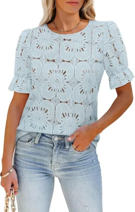 Women's Eyelet Tops Puff Short Sleeve Blouses Dressy Casual Cute Hollow Out Crochet Lace Embroidered Summer Shirts