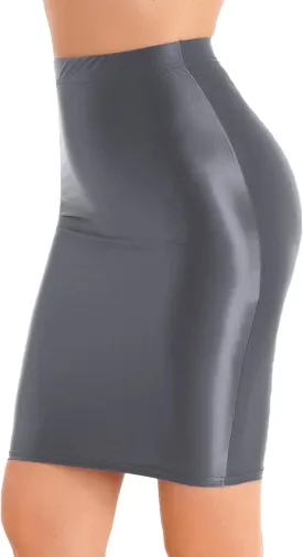 Womens Glossy High Waist Pencil Skirt Below Knee Length Skirt Stretchy Midi Bodycon Skirt