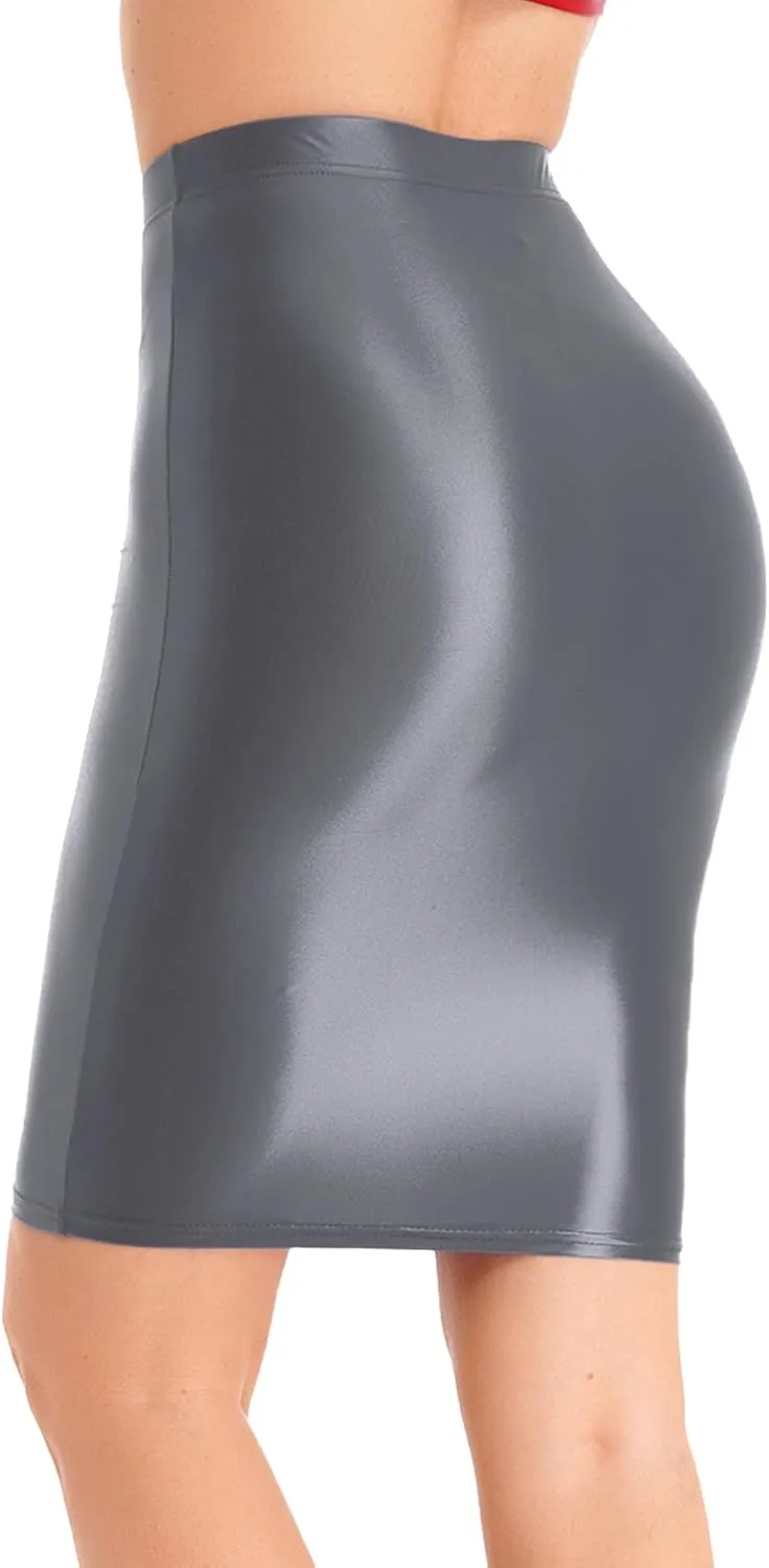 Womens Glossy High Waist Pencil Skirt Below Knee Length Skirt Stretchy Midi Bodycon Skirt