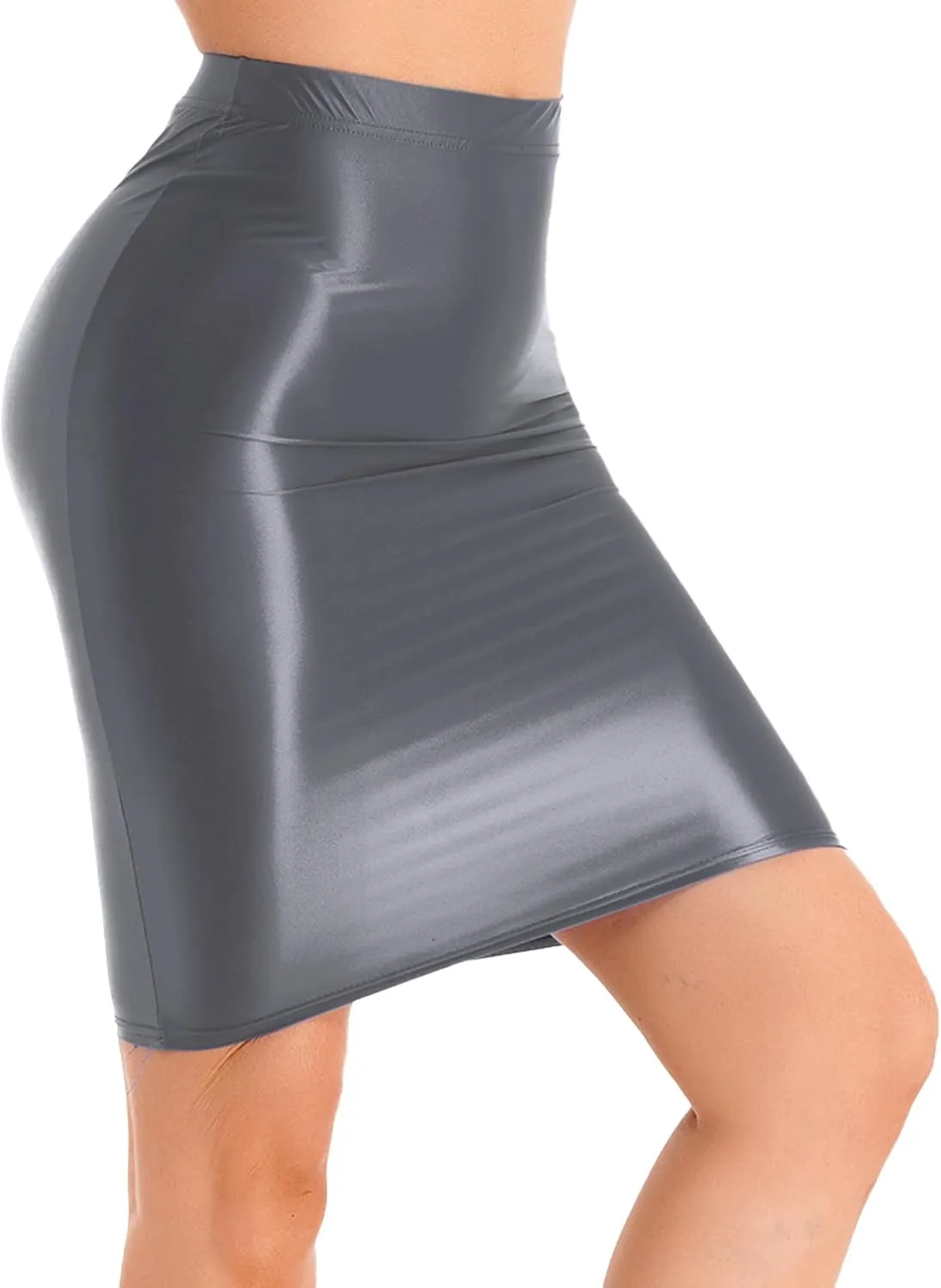 Womens Glossy High Waist Pencil Skirt Below Knee Length Skirt Stretchy Midi Bodycon Skirt
