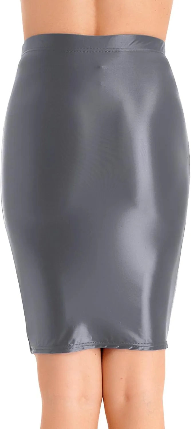 Womens Glossy High Waist Pencil Skirt Below Knee Length Skirt Stretchy Midi Bodycon Skirt