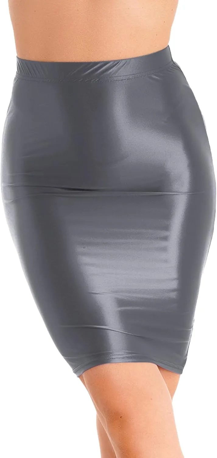 Womens Glossy High Waist Pencil Skirt Below Knee Length Skirt Stretchy Midi Bodycon Skirt