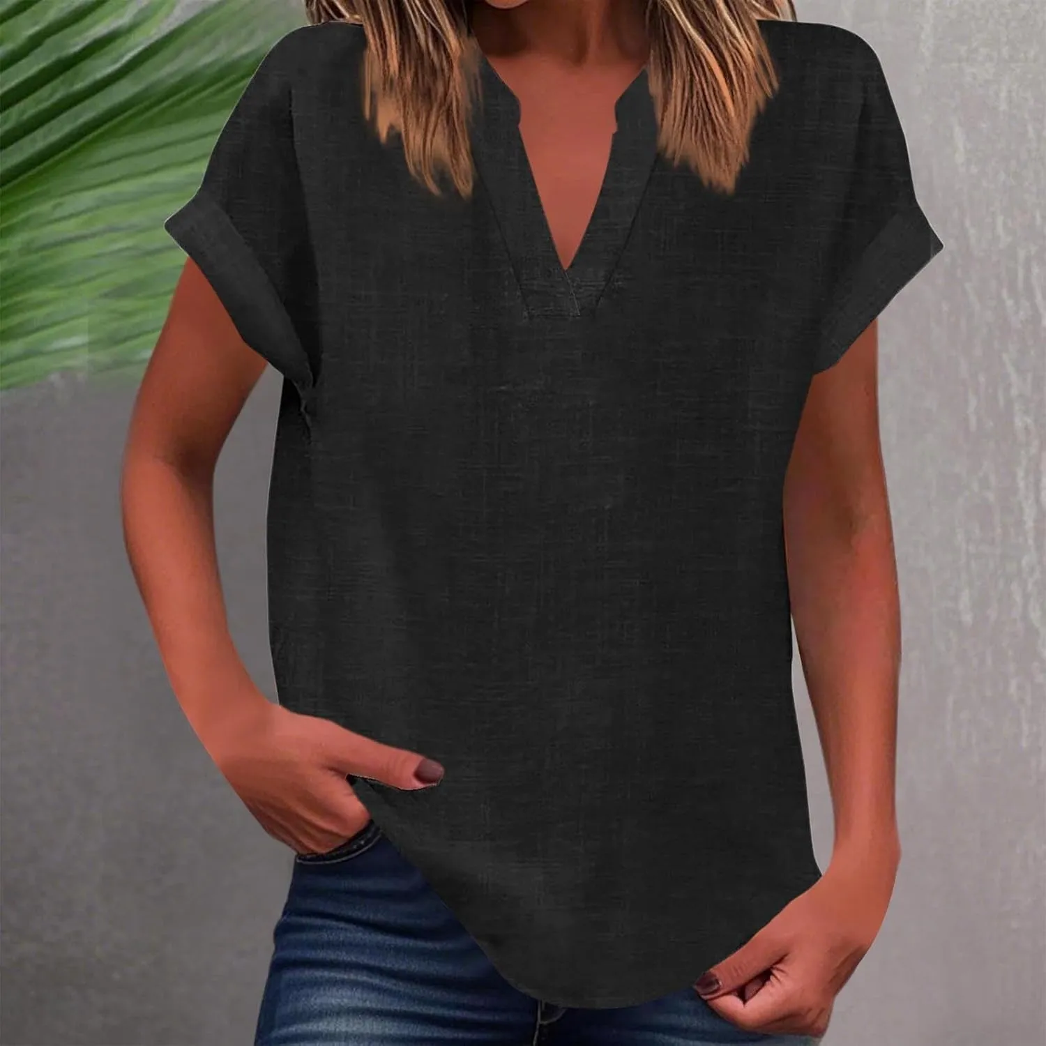 Women's Henley Shirts Linen Short Sleeve V Neck Dressy Casual Loose Fit Tops Summer Cute Flowy Blouses 2025 Trendy