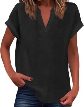 Women's Henley Shirts Linen Short Sleeve V Neck Dressy Casual Loose Fit Tops Summer Cute Flowy Blouses 2025 Trendy