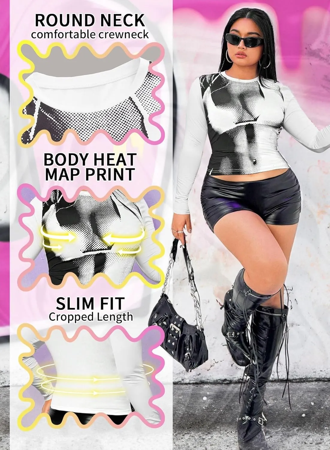 Women's Plus Size 3D Body Print Crop Top - Sexy Y2k Graphic Tee Shirt Aesthetic Heat Map Festival Concert Outfits