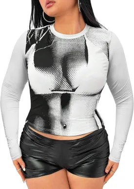 Women's Plus Size 3D Body Print Crop Top - Sexy Y2k Graphic Tee Shirt Aesthetic Heat Map Festival Concert Outfits
