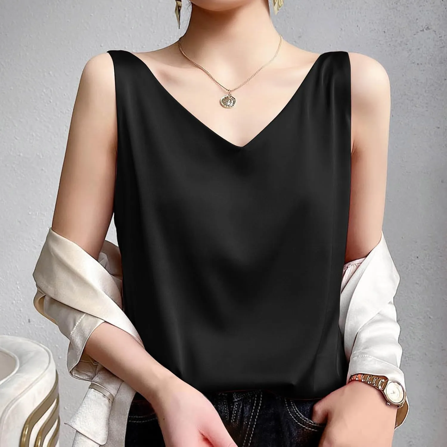 Womens Silk Stain Tank Tops Summer Casual V Neck Sleeveless Blouses Camisole Loose Fit Shirt Dressy Casual Tops