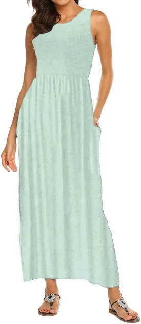 Women's Sleeveless Maxi Dress Patchwork Tank Top Flowy Dress Summer Pleated Long Sundress with Pockets