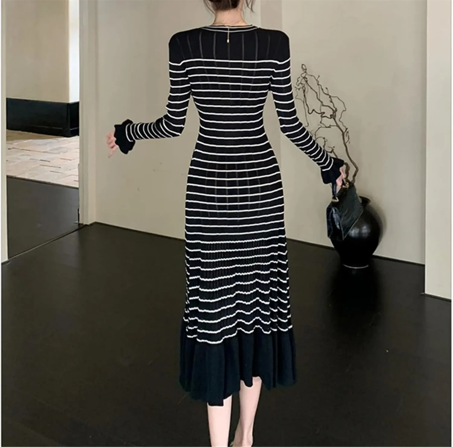 Women's Striped Knit Party Dress - V-Neck Long Sleeve Ruffled Fishtail Hem