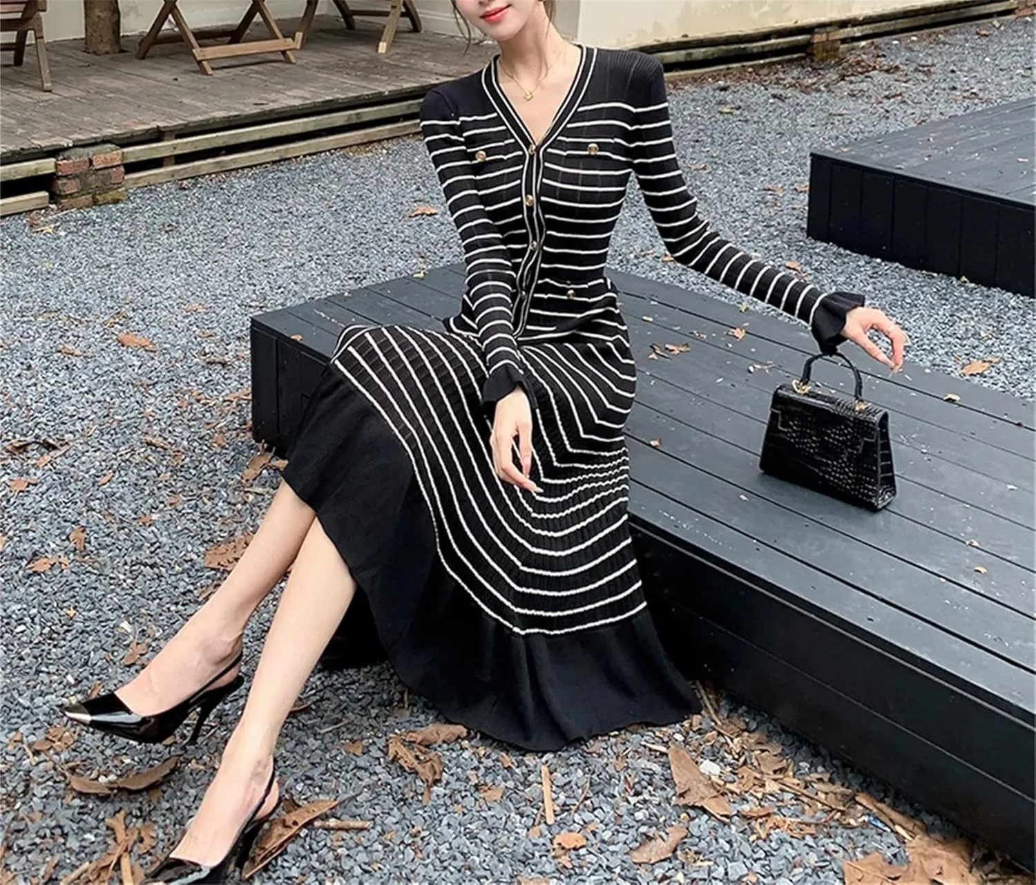 Women's Striped Knit Party Dress - V-Neck Long Sleeve Ruffled Fishtail Hem