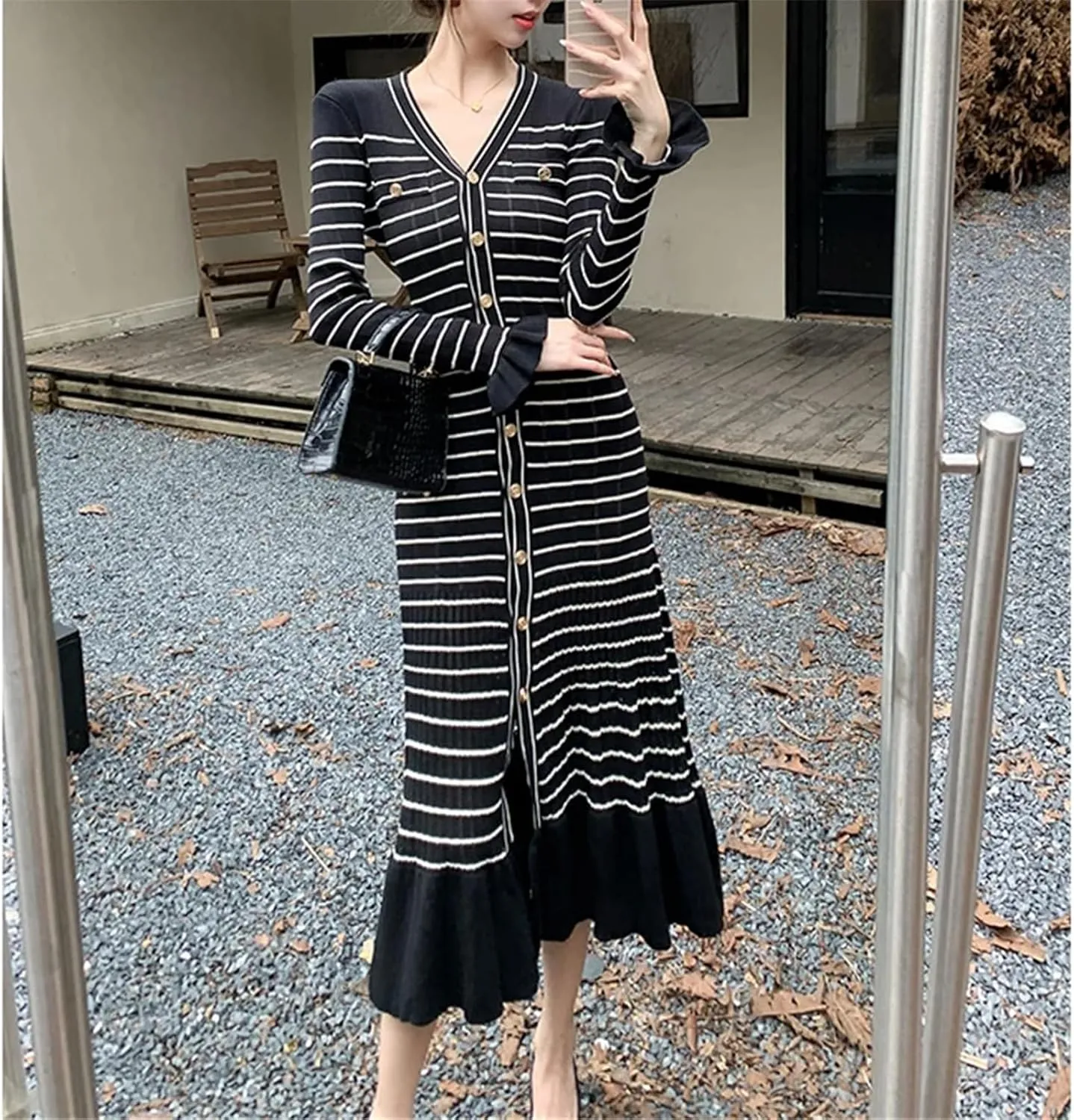 Women's Striped Knit Party Dress - V-Neck Long Sleeve Ruffled Fishtail Hem