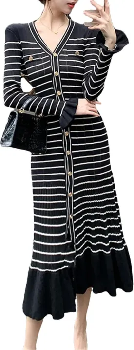 Women's Striped Knit Party Dress - V-Neck Long Sleeve Ruffled Fishtail Hem