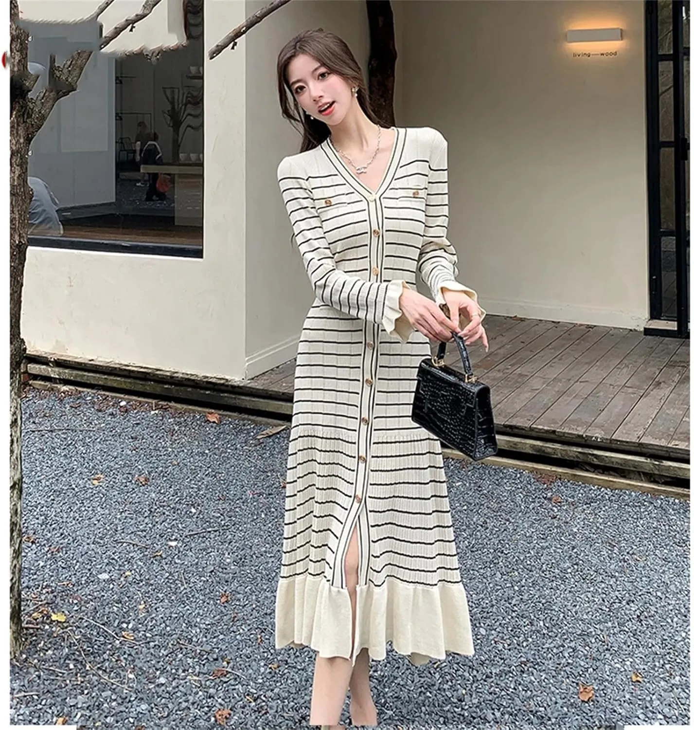 Women's Striped Knit Party Dress - V-Neck Long Sleeve Ruffled Fishtail Hem