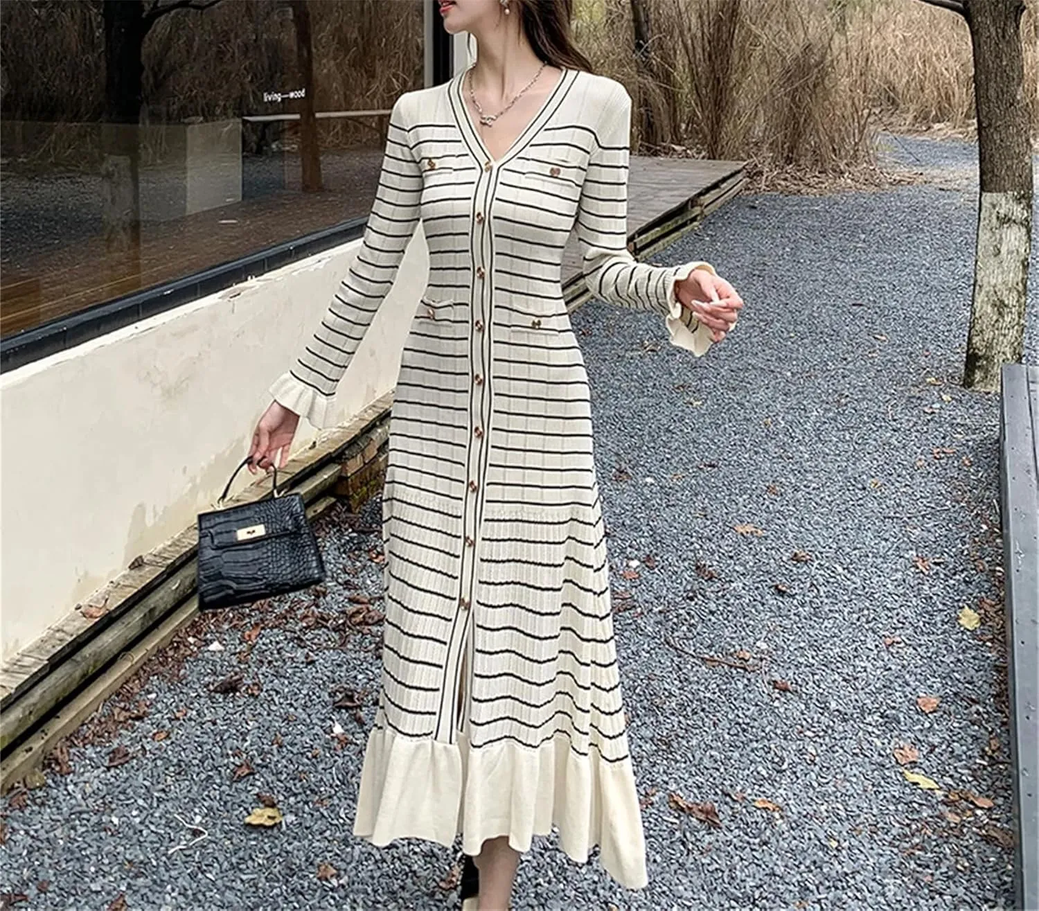 Women's Striped Knit Party Dress - V-Neck Long Sleeve Ruffled Fishtail Hem