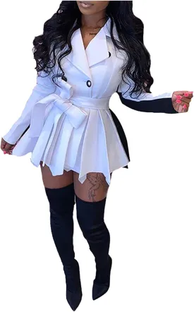 XUNRYAN Womens Sexy Blazer Mini Dress Two Tone Lapel V Neck Double-Breasted Peplum Jacket Belted Trench Coat Fall Outfit