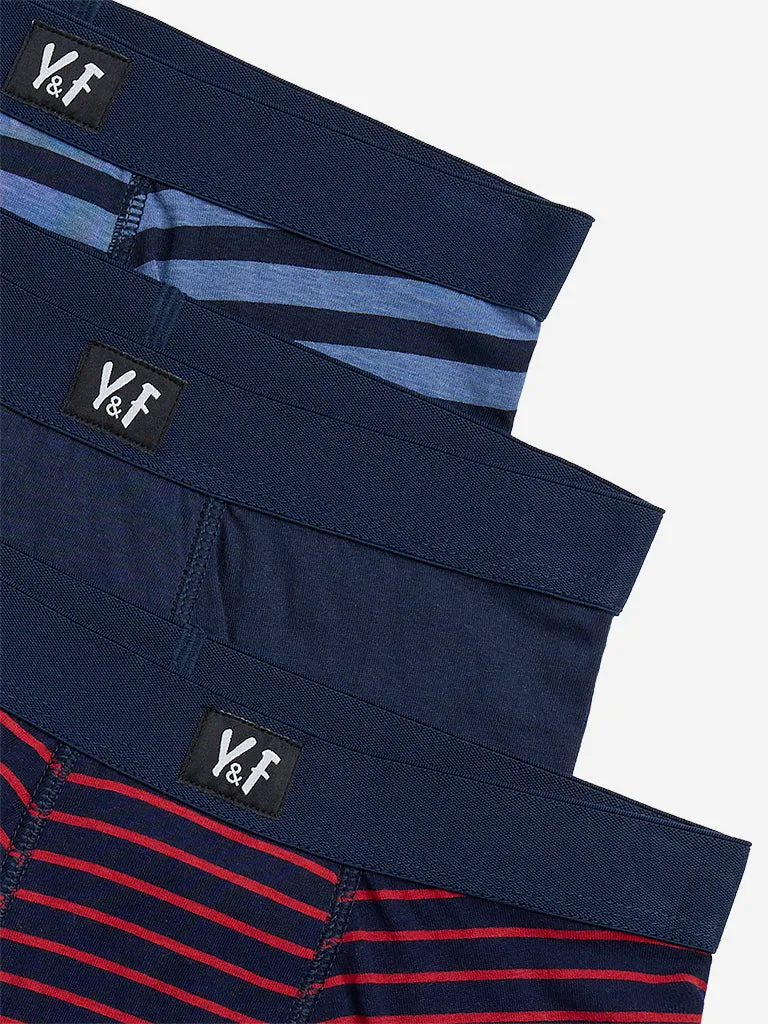 Y&F Kids Navy Striped Cotton Briefs - Pack of 3