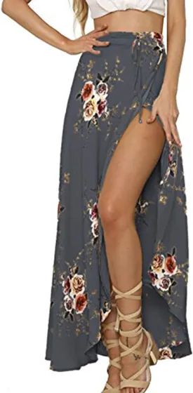Yonala Womens Boho Floral Tie Up Waist Summer Beach Wrap Cover Up Maxi Skirt