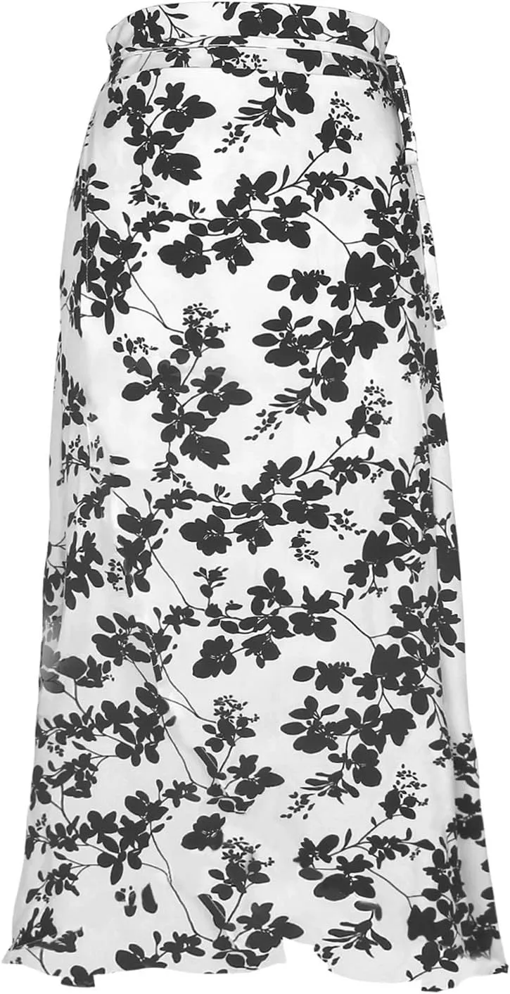 Yonala Womens Boho Floral Tie Up Waist Summer Beach Wrap Cover Up Maxi Skirt
