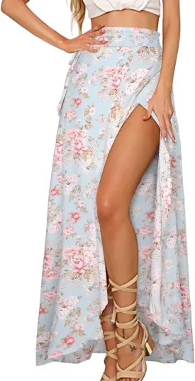 Yonala Womens Boho Floral Tie Up Waist Summer Beach Wrap Cover Up Maxi Skirt