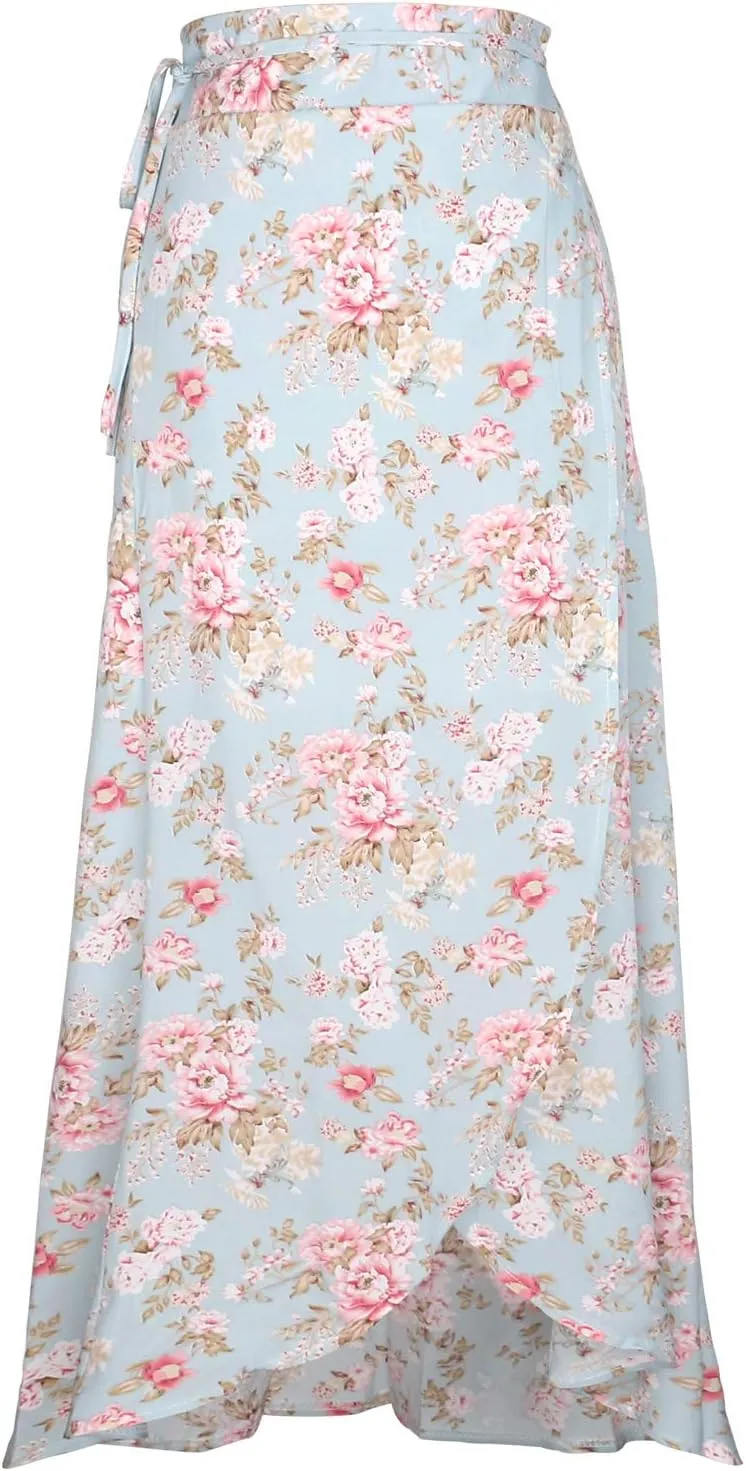 Yonala Womens Boho Floral Tie Up Waist Summer Beach Wrap Cover Up Maxi Skirt