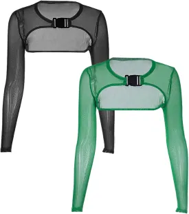 Ypser See Through Mesh Crop Top Sheer Open Front Shrug Fishnet Cover Ups with Buckle