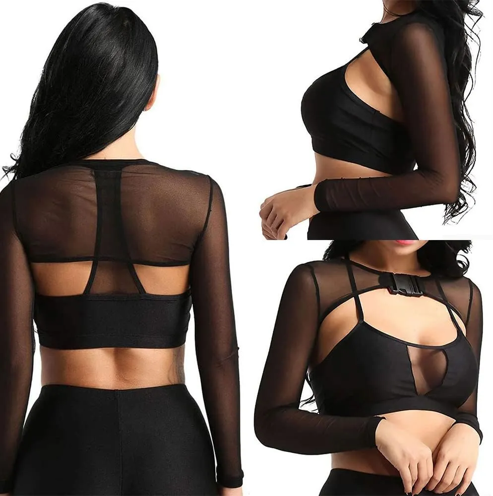 Ypser See Through Mesh Crop Top Sheer Open Front Shrug Fishnet Cover Ups with Buckle