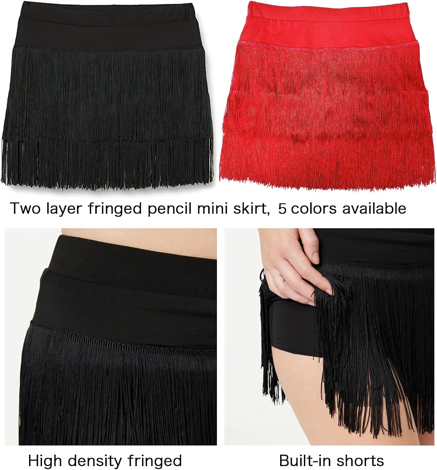 Z&X Fringe Skirts for Women Dance Performance Festival Rave Shorts Skirt Elastic Waist Pencil Bodycon Skirt