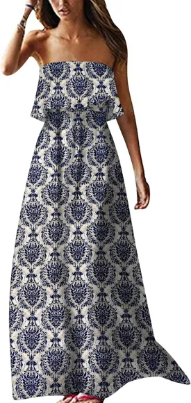 ZMPSIISA Women's Summer Off The Shoulder Maxi Dress Ruffle Strapless Blue White Porcelain Boho Casual Loose Long Dresses
