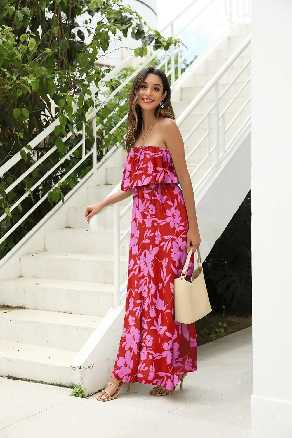 ZMPSIISA Women's Summer Off The Shoulder Maxi Dress Ruffle Strapless Blue White Porcelain Boho Casual Loose Long Dresses