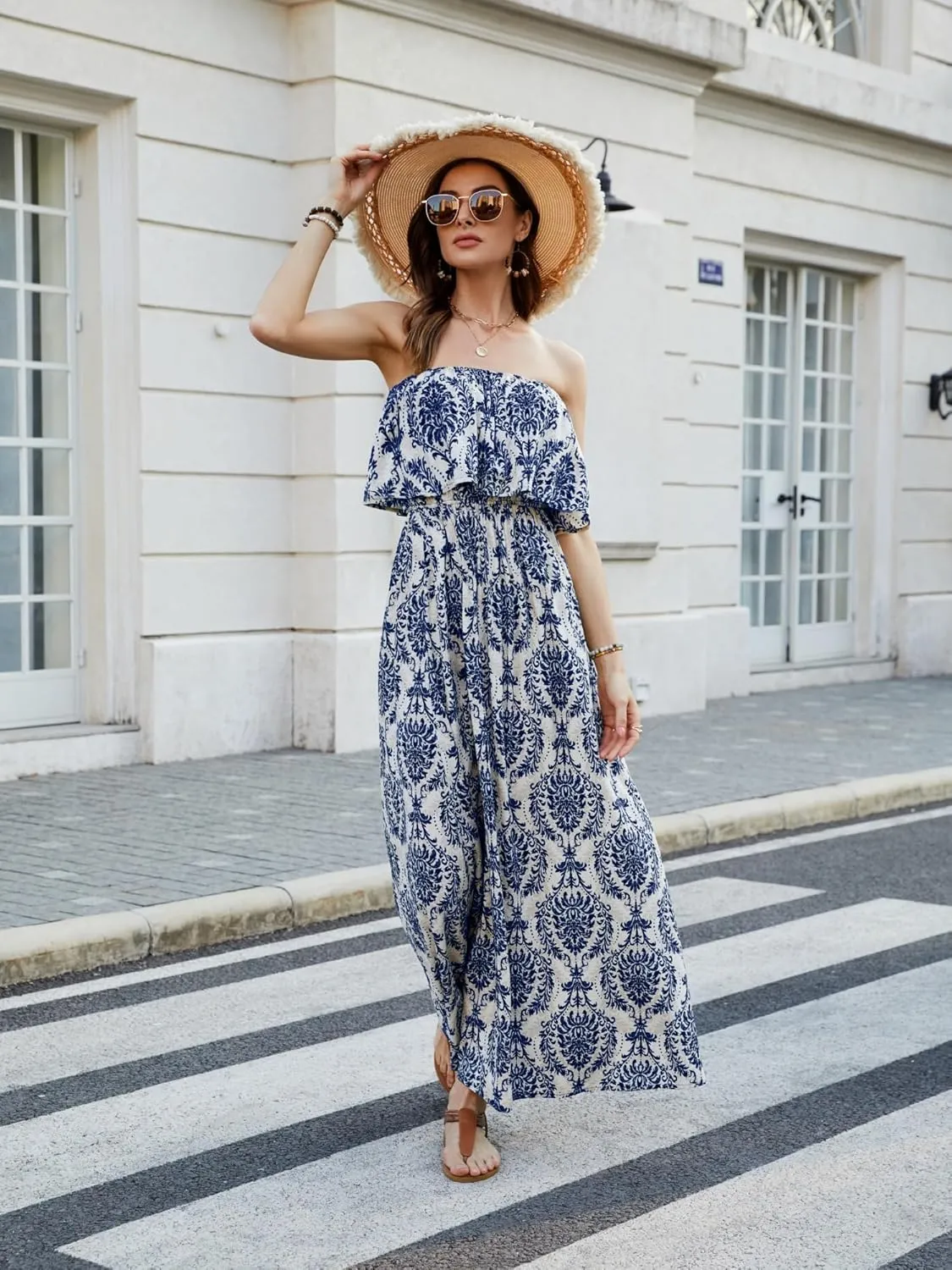 ZMPSIISA Women's Summer Off The Shoulder Maxi Dress Ruffle Strapless Blue White Porcelain Boho Casual Loose Long Dresses