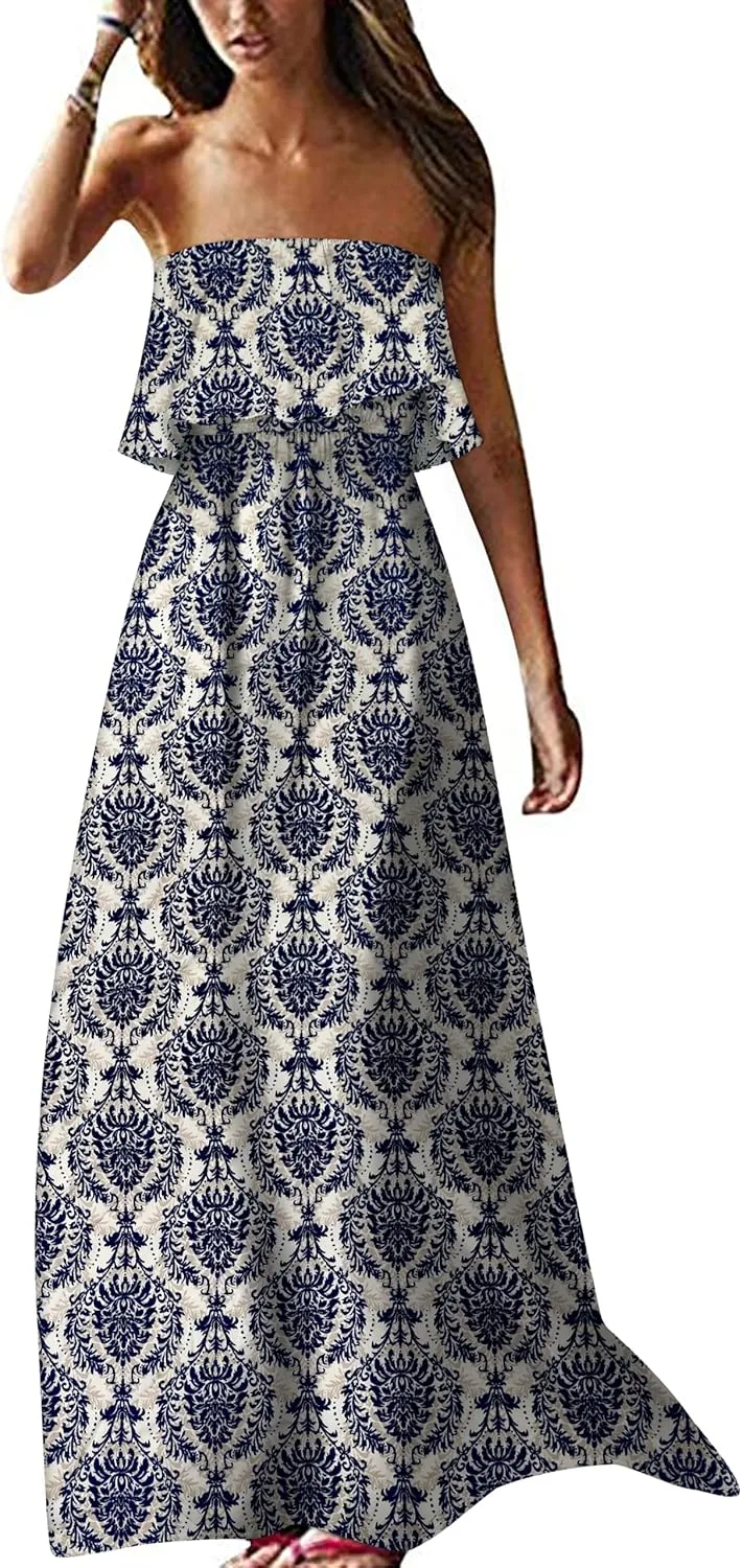 ZMPSIISA Women's Summer Off The Shoulder Maxi Dress Ruffle Strapless Blue White Porcelain Boho Casual Loose Long Dresses